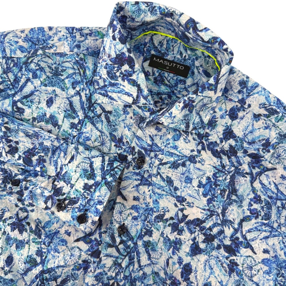 Masutto Mio Mens Size M Blue White Paisley Cotton Long Sleeve Button Down Shirt
